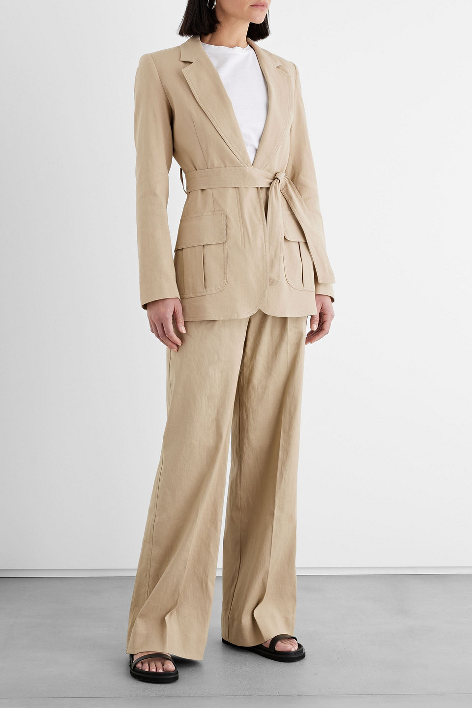 Iris & Ink Adrienne Belted Linen-blend Twill Blazer In Beige