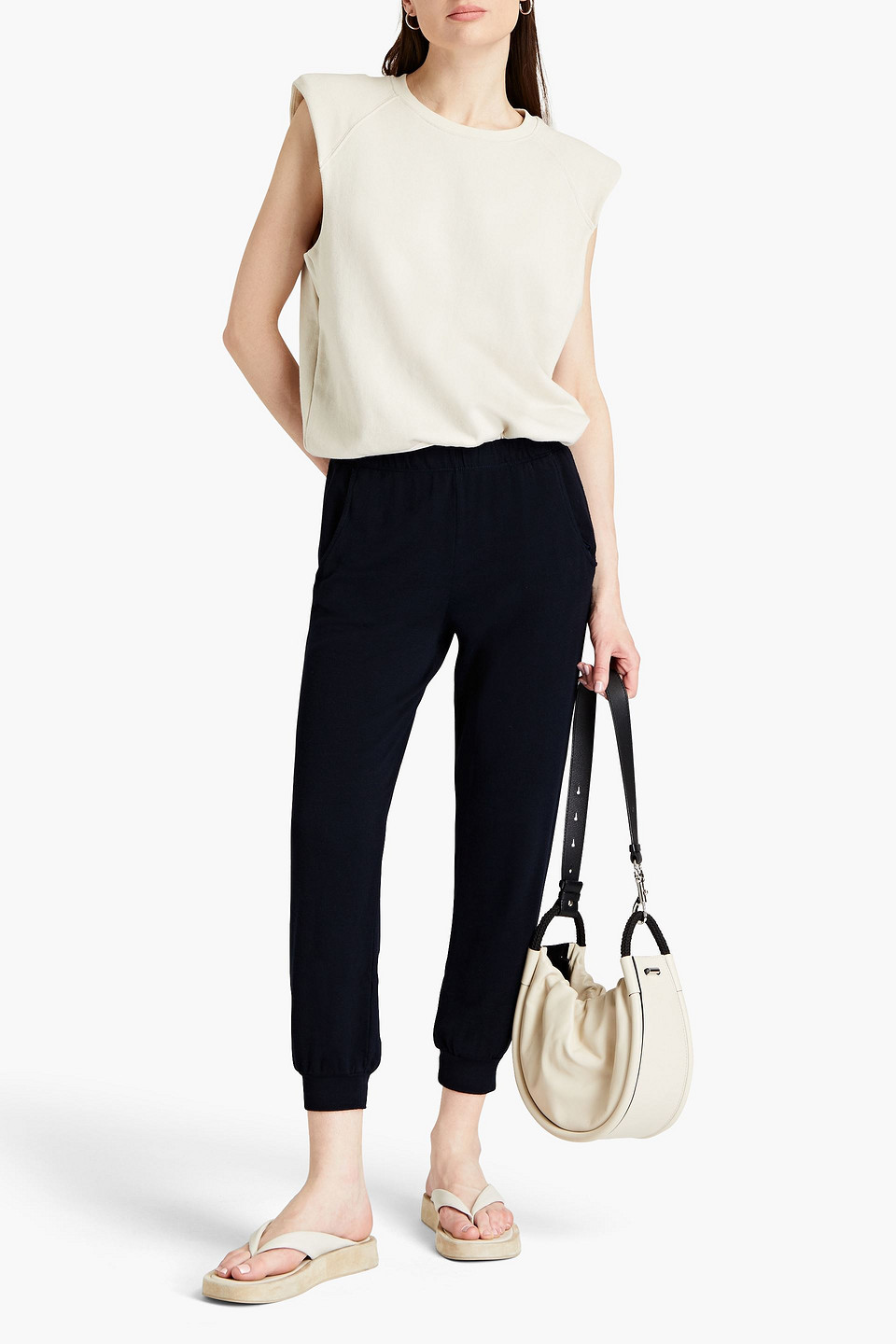 Monrow Cropped French Terry Track Pants In Midnight Blue