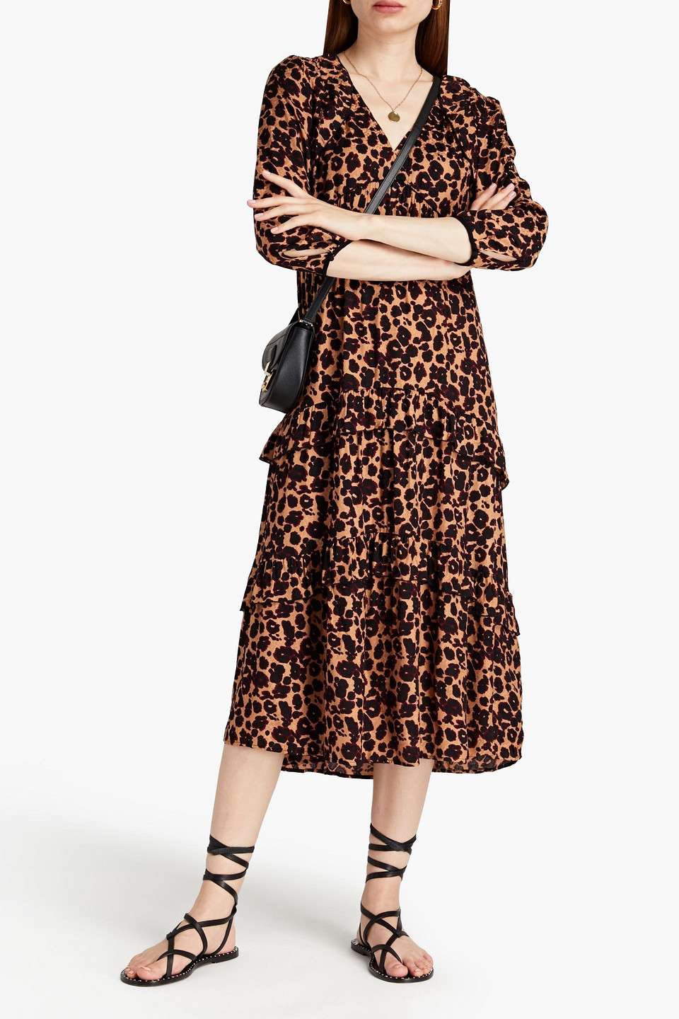 Ba&sh Tracy Ruffled Printed Jacquard Midi Dress In Brown