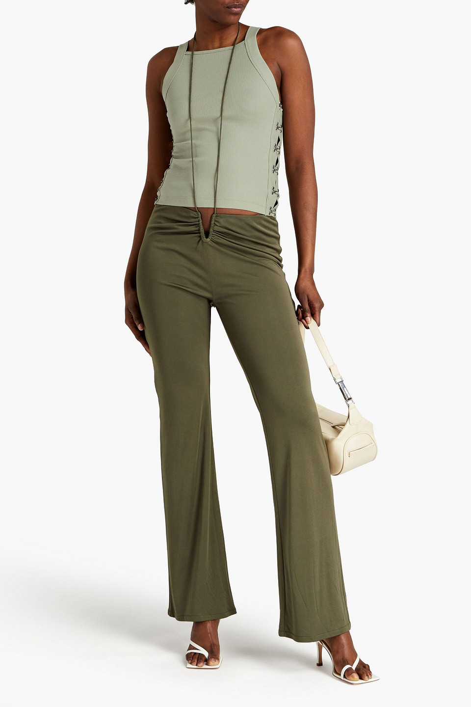 Dion Lee Embellished Ribbed Cotton-jersey Tank In Sage Green