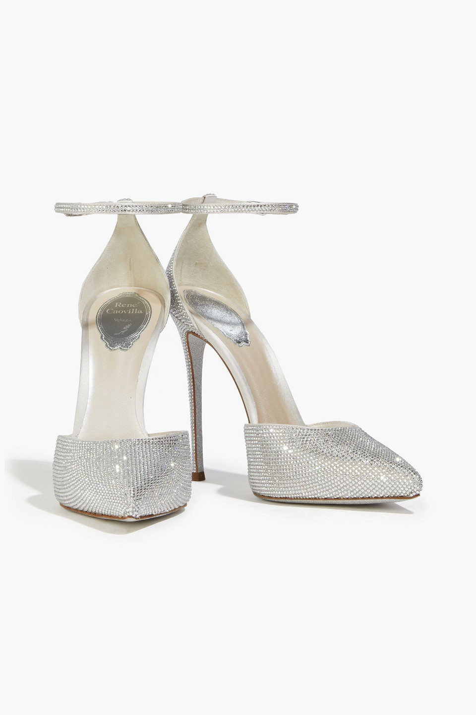 René Caovilla Crystal-embellished Satin Pumps In Silver