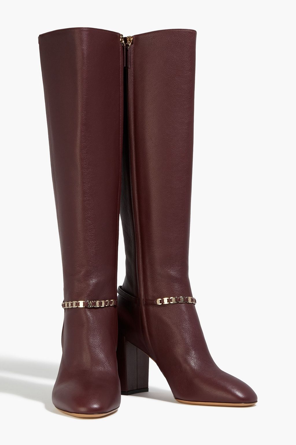 FERRAGAMO Triba chain-trimmed pebbled-leather knee boots