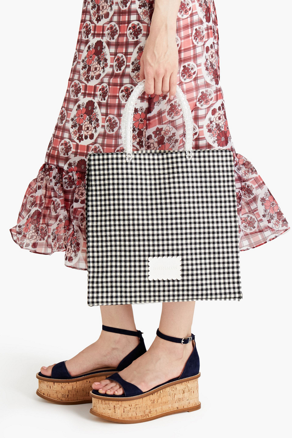 Shrimps Basil Gingham Wool Tote In Black