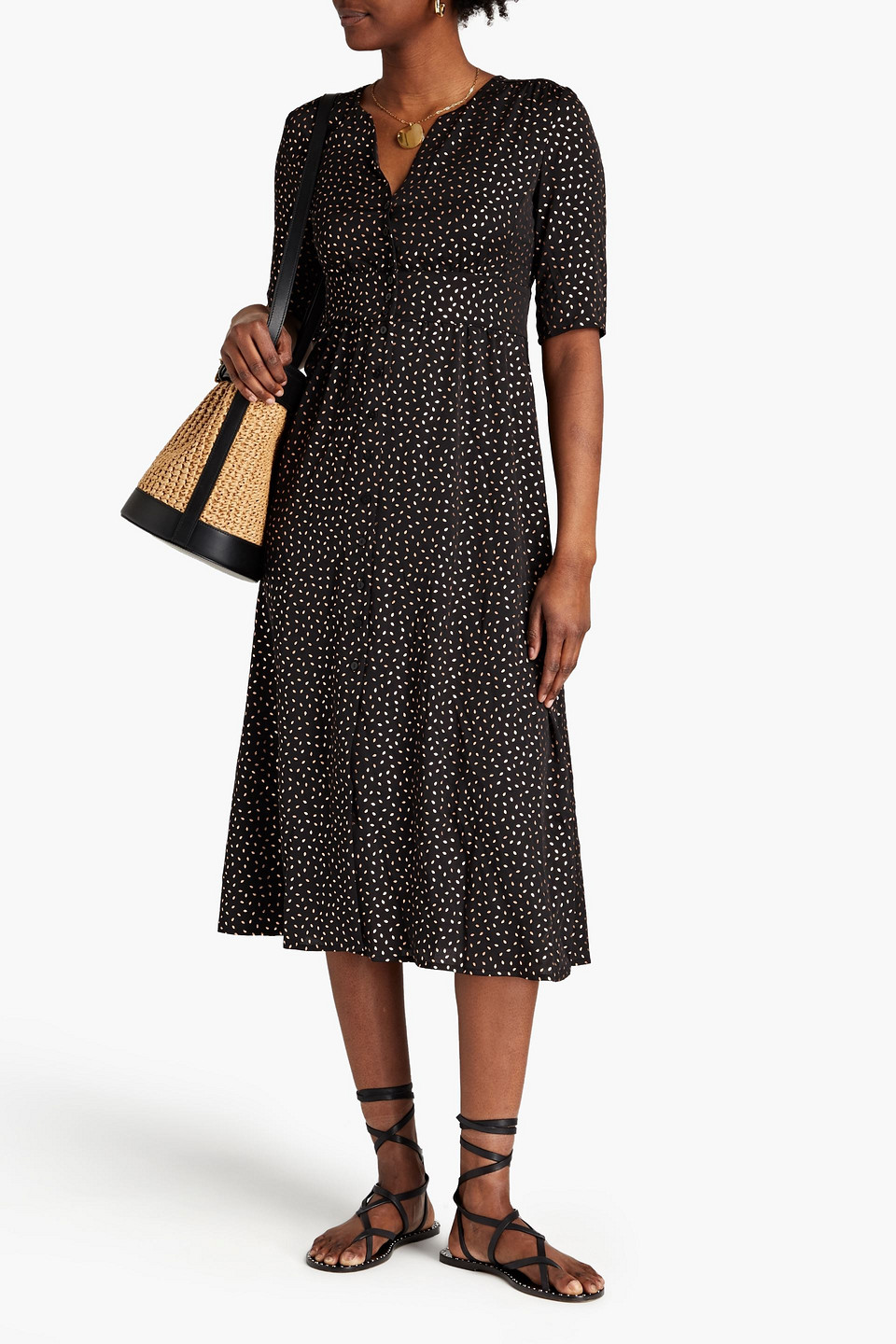 Ba&sh Gala Gathered Printed Crepe Midi Dress In Black