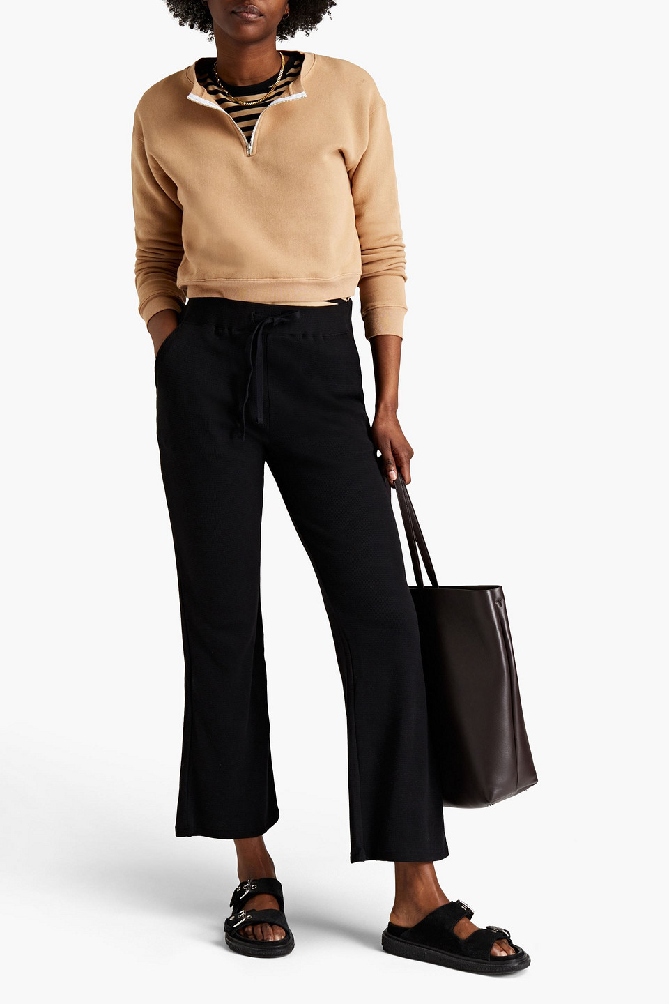 Monrow Cropped Waffle-knit Bootcut Trousers In Black