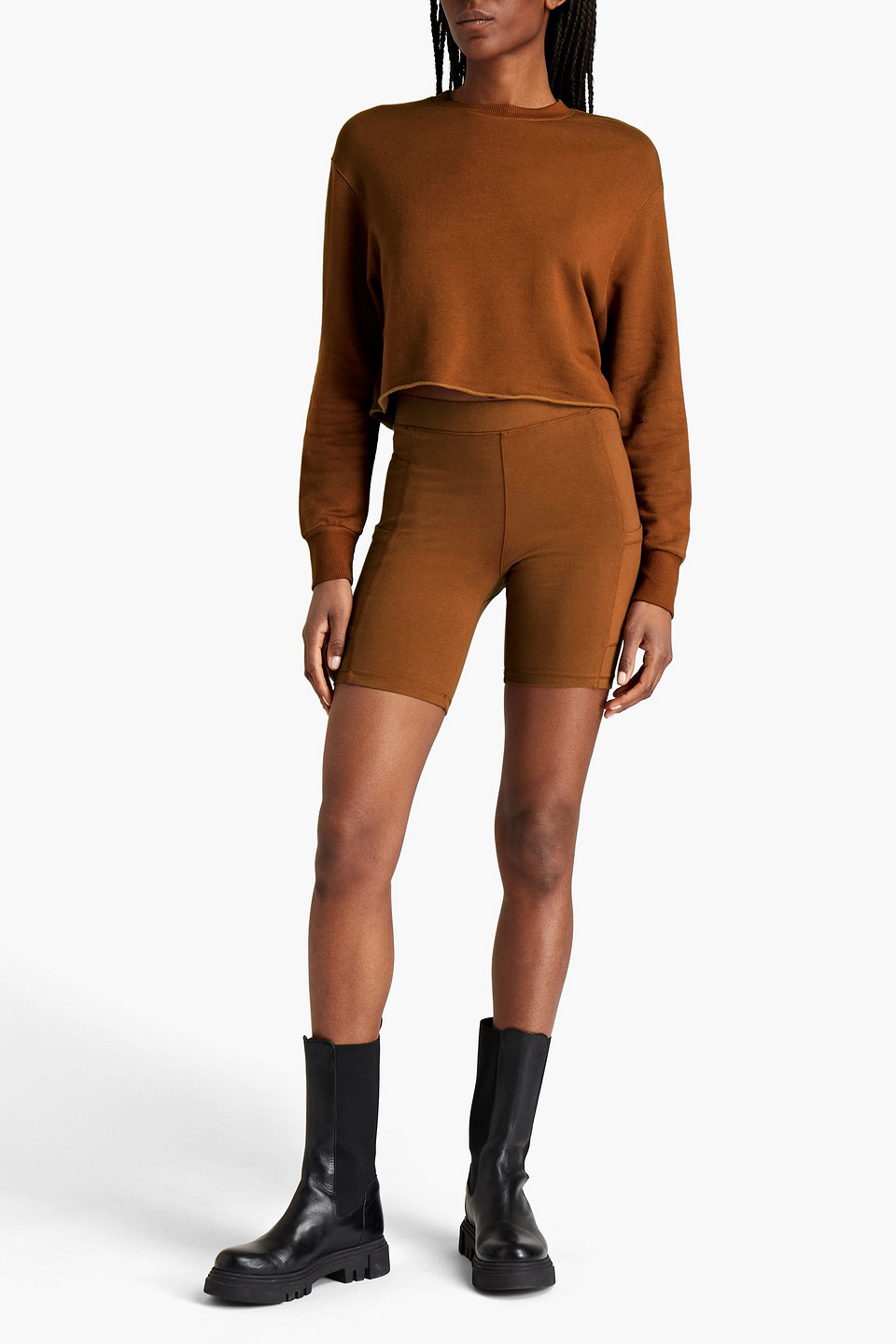 Monrow Cropped Fleece Sweatshirt In Brown