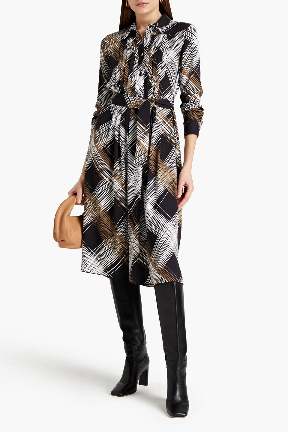 Piazza Sempione Pleated Printed Crepe Midi Shirt Dress