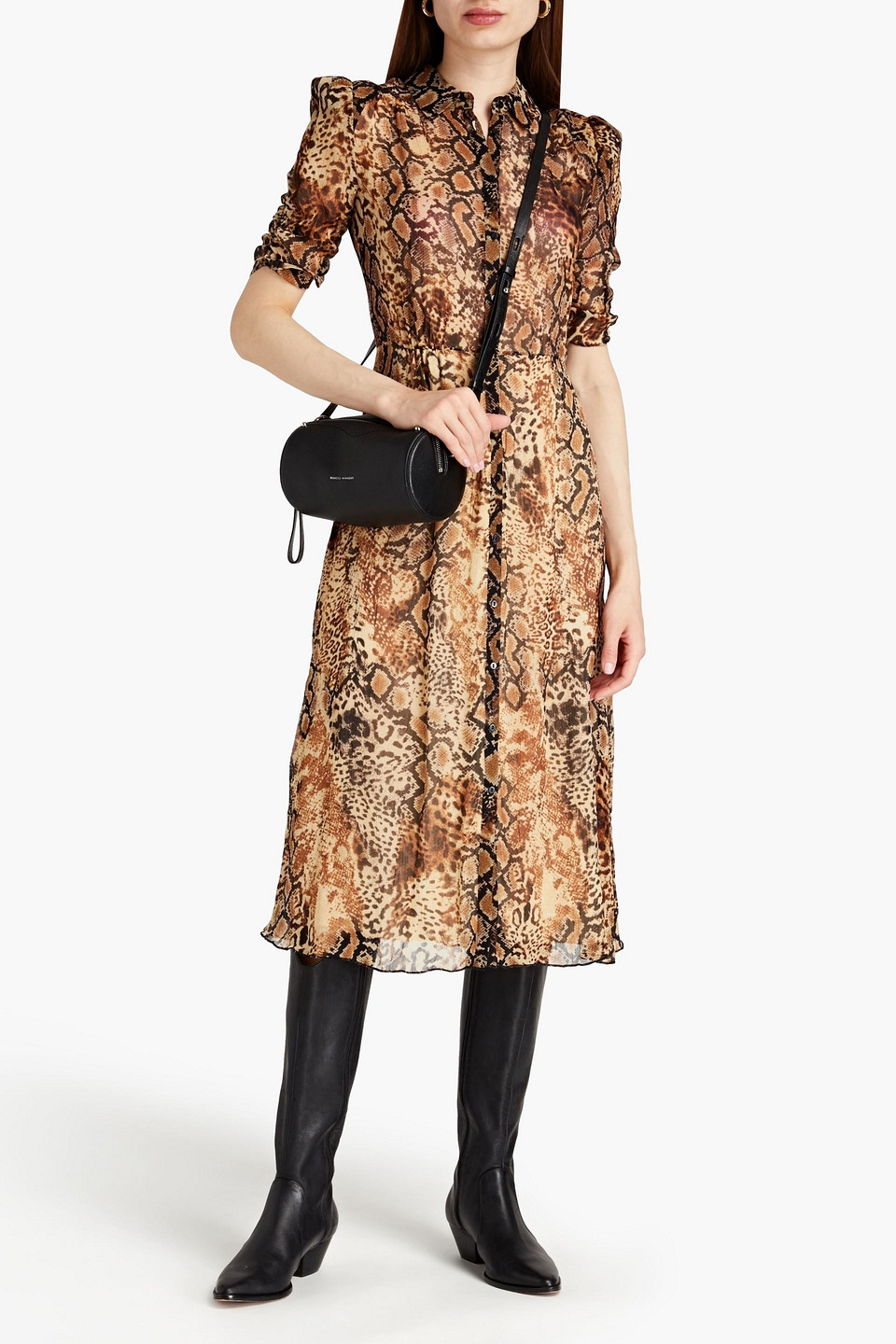 Ba&sh Rozy Gathered Snake-print Crepon Midi Shirt Dress In Animal Print