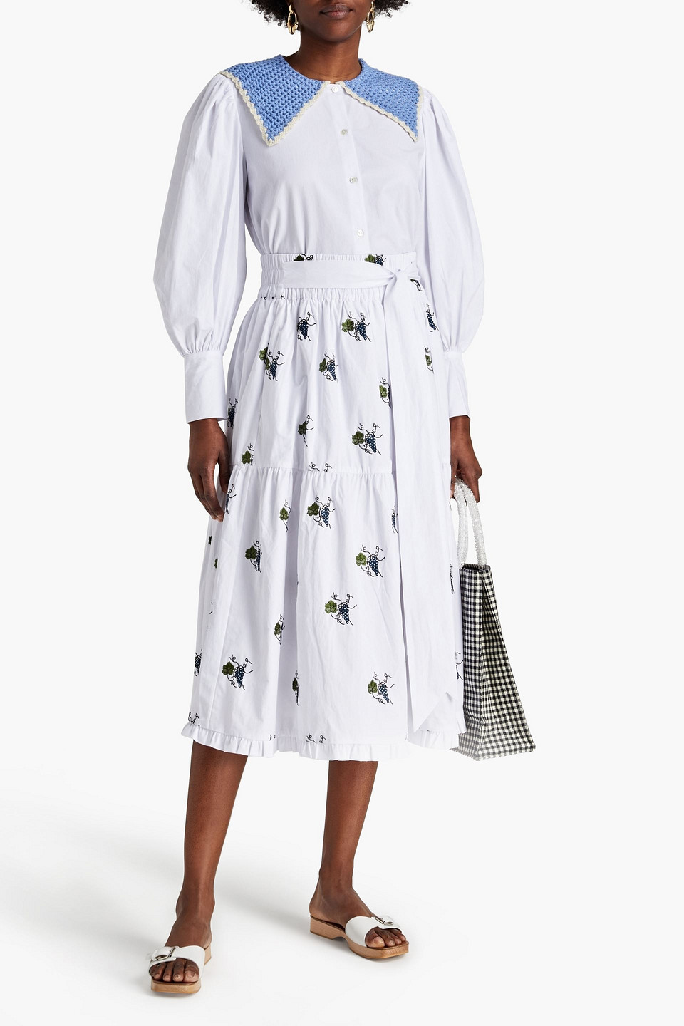 Shrimps Coco Embroidered Cotton Midi Skirt In White