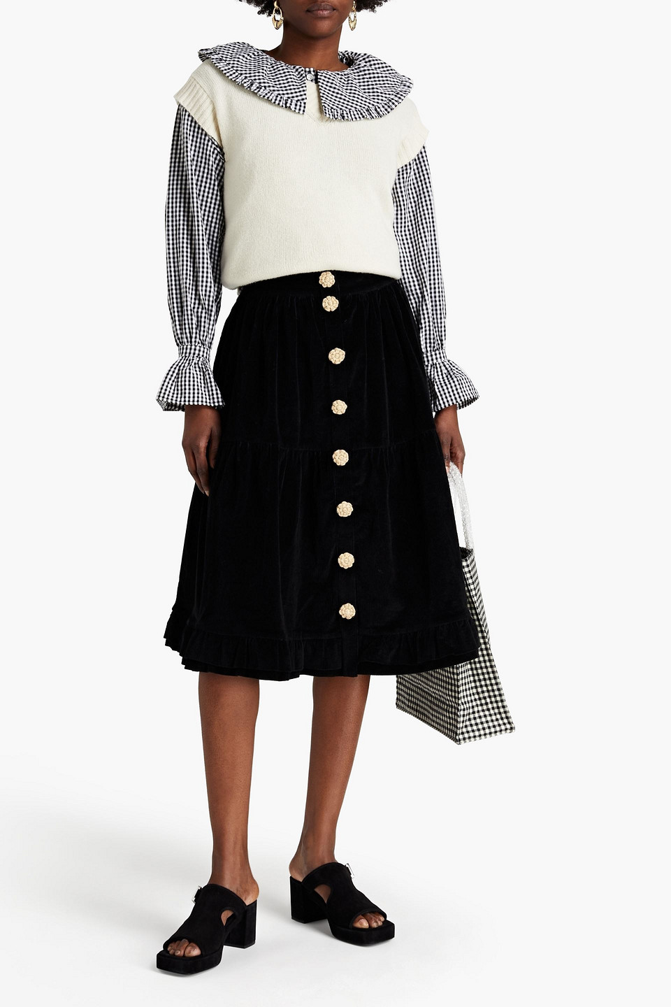 Shrimps Harrietha Tiered Ribbed Stretch-velvet Skirt In Black