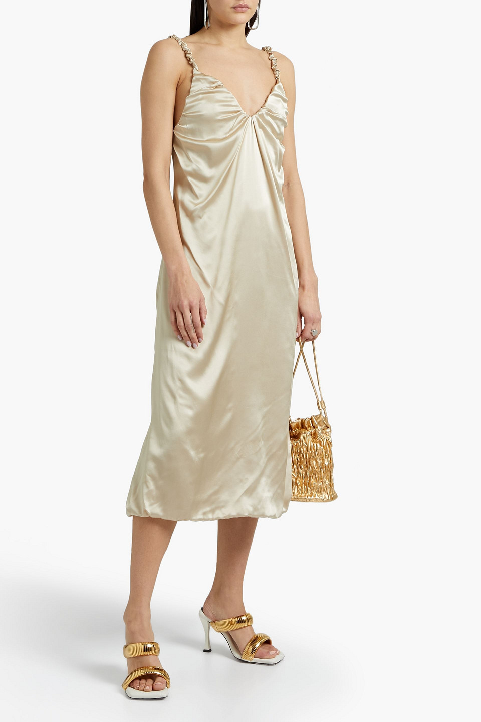 Dodo Bar Or Libi Gathered Silk-charmeuse Midi Dress In Beige