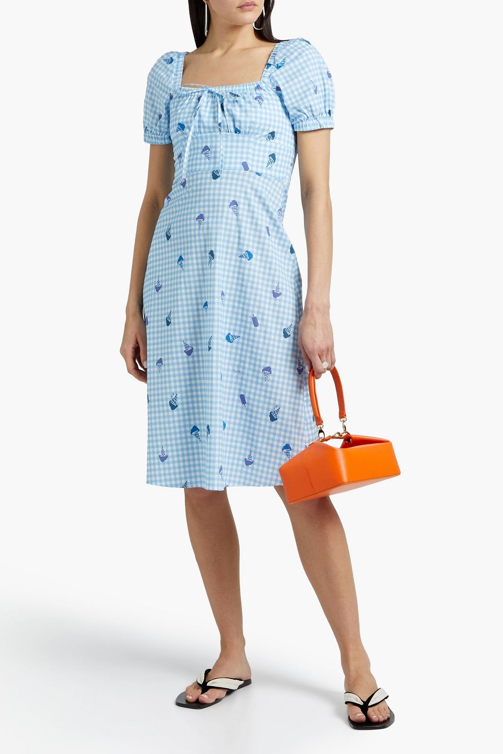 HVN Holland bow-detailed printed cotton-blend poplin dress