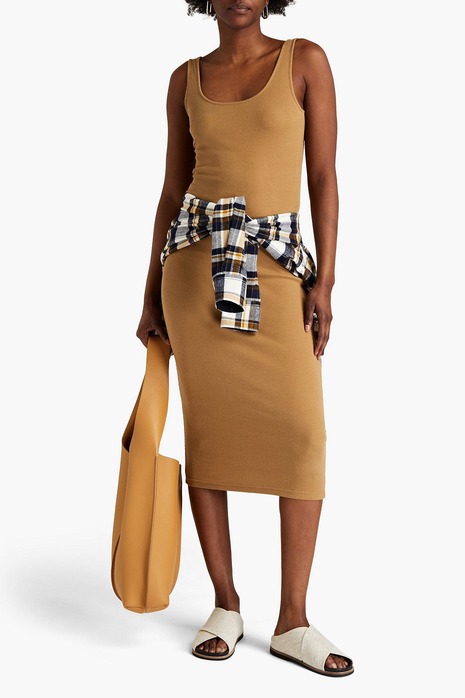 Samsã¸e Samsã¸e Suella Ribbed Organic Cotton-blend Jersey Midi Dress In Camel