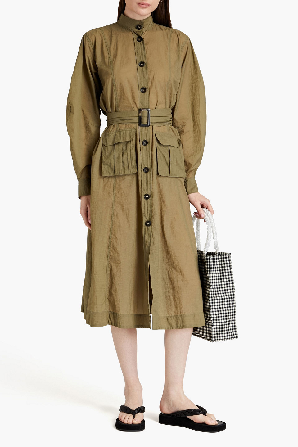 Ganni Belted Shell Coat In Green