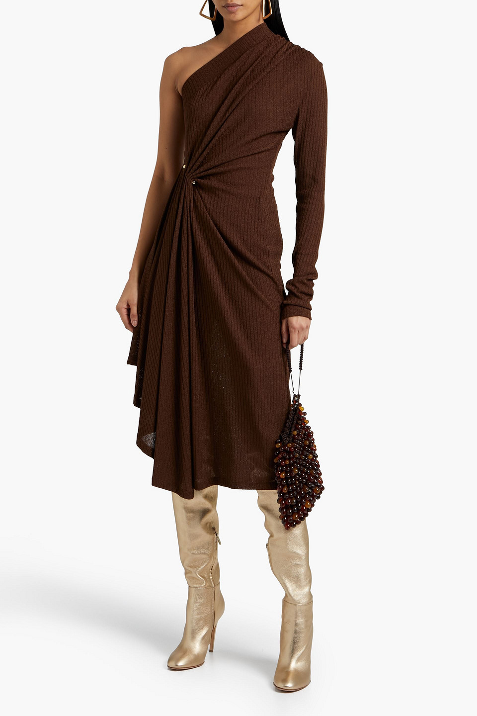 Dodo Bar Or Hanna One-sleeve Gathered Ribbed-knit Midi Dress In Dark Brown