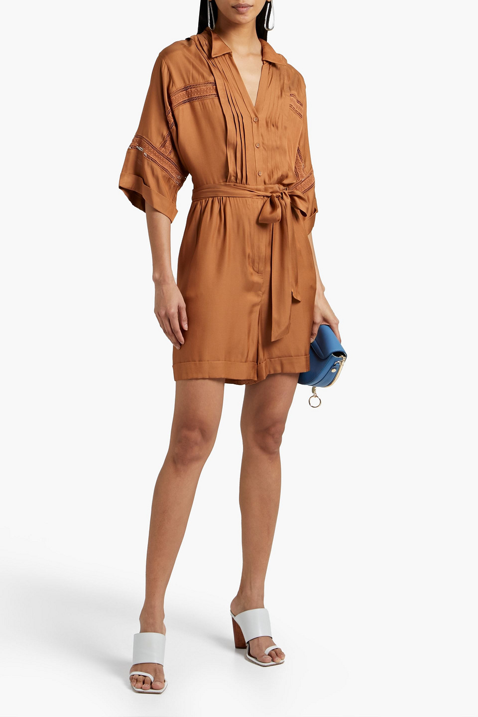 Diane Von Furstenberg Bara Belted Pintucked Silk-blend Satin-twill Playsuit In Light Brown