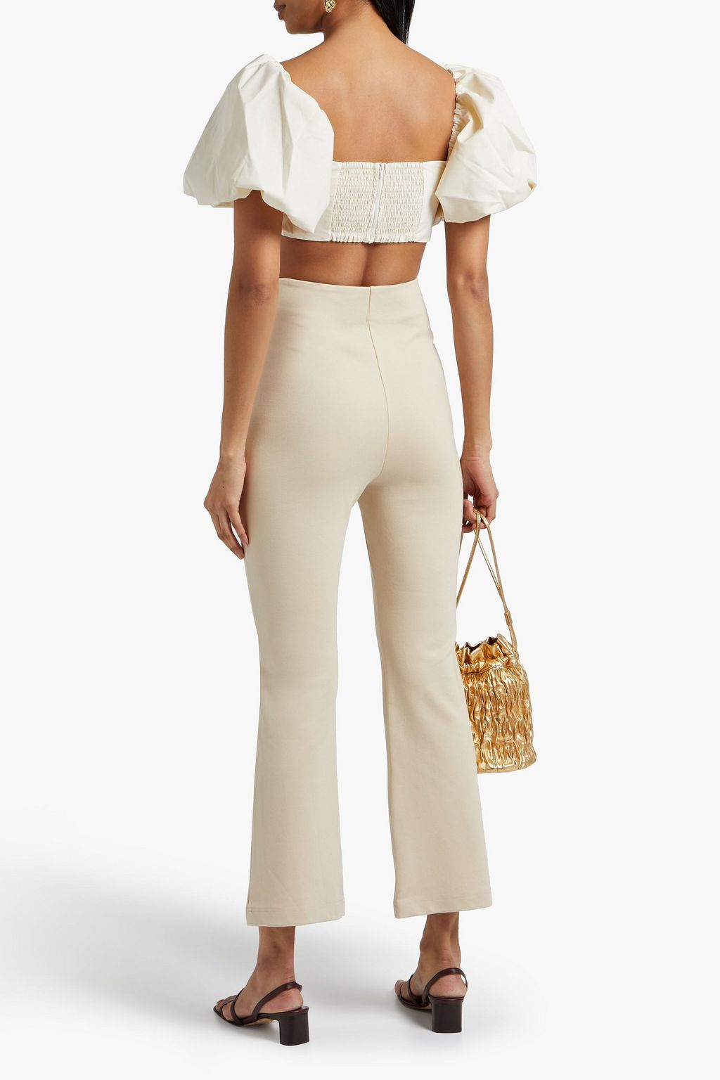 NICHOLAS Ring-embellished ruched cady flared pants