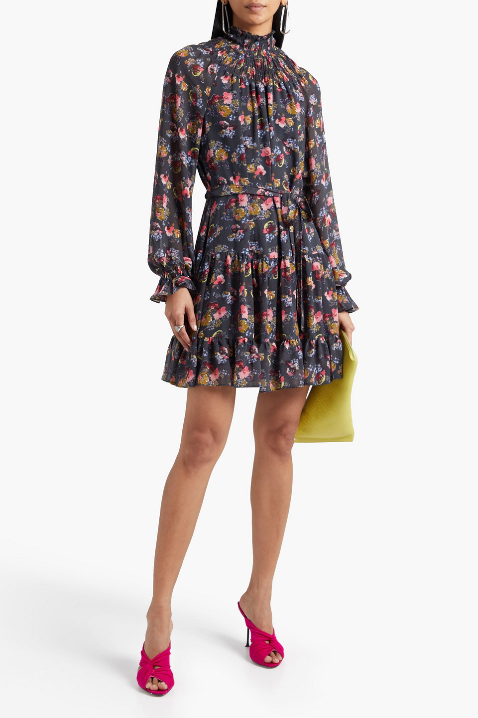 Cinq Ã Sept Daija Belted Tiered Floral-print Chiffon Mini Dress In Charcoal | ModeSens