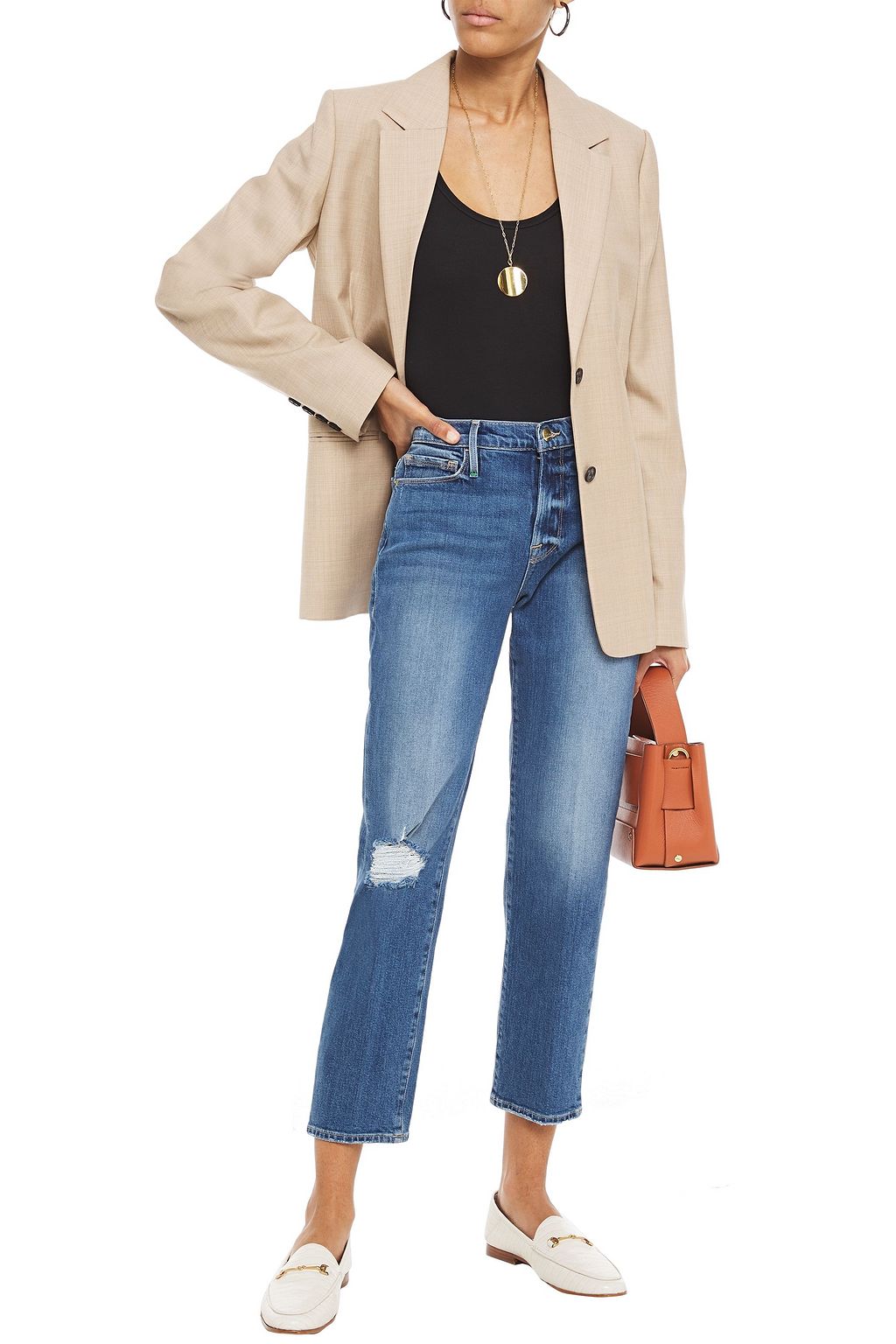 FRAME Cropped distressed high-rise straight-leg jeans