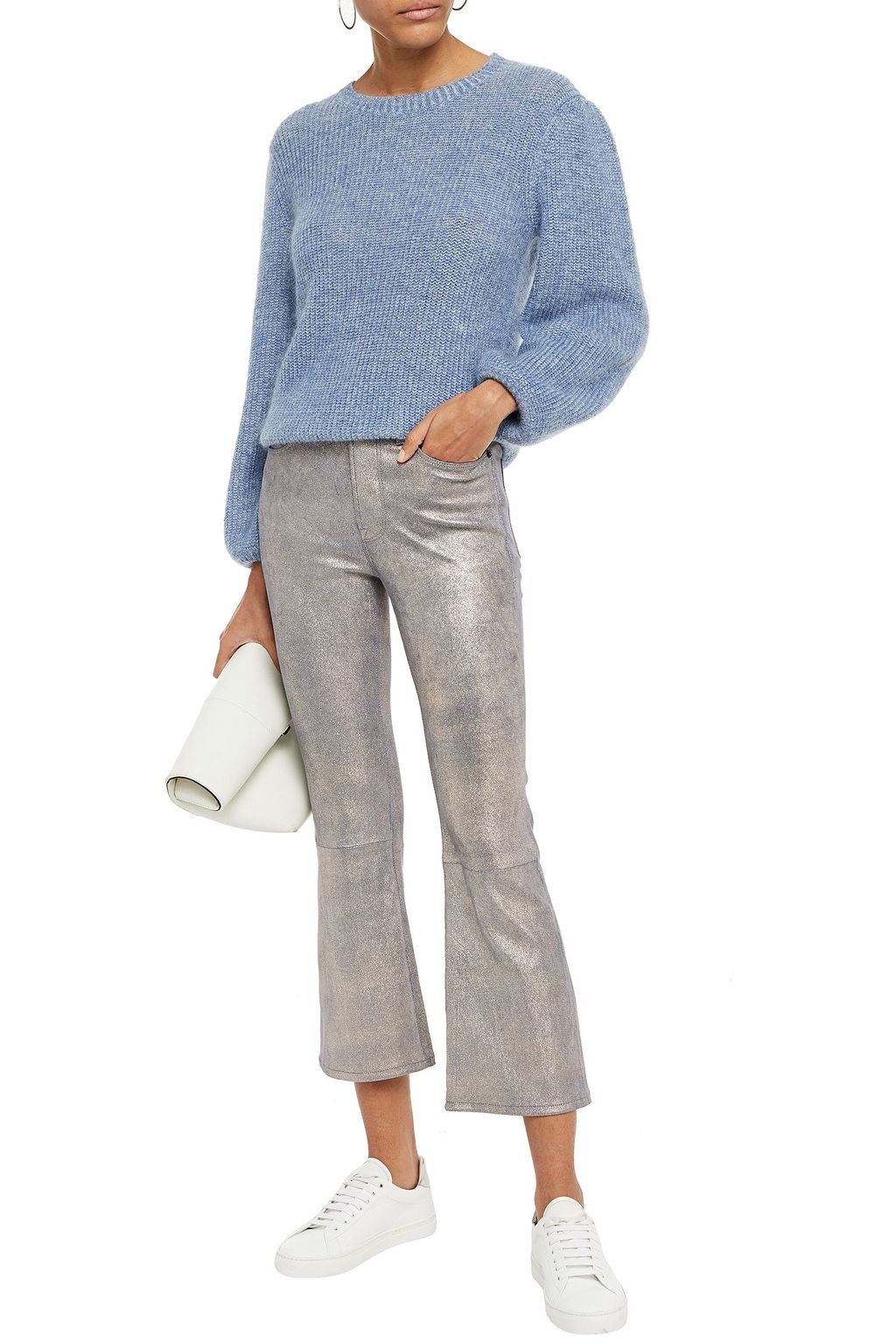 FRAME Metallic brushed-leather kick-flare pants