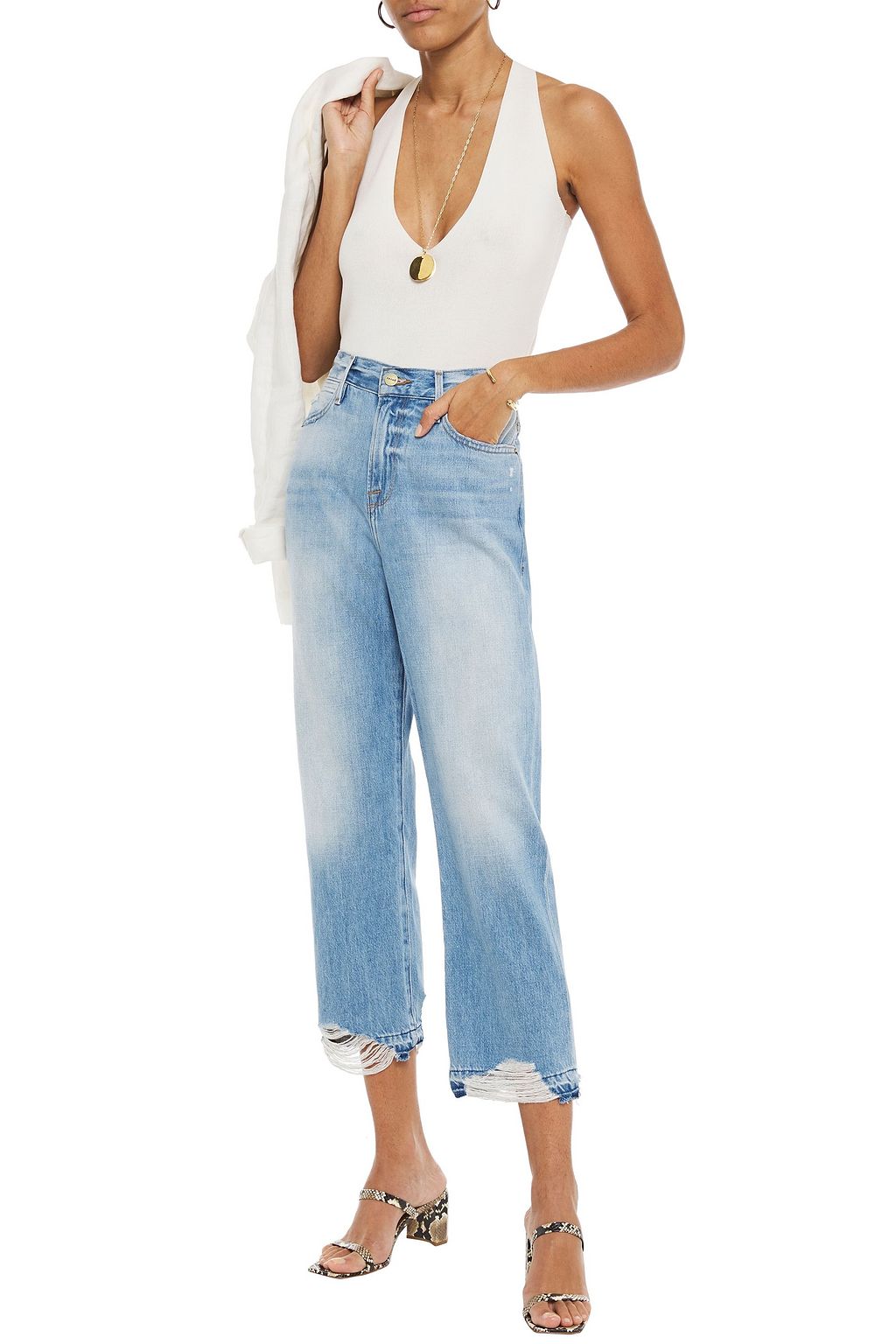 FRAME Cropped distressed faded boyfriend jeans