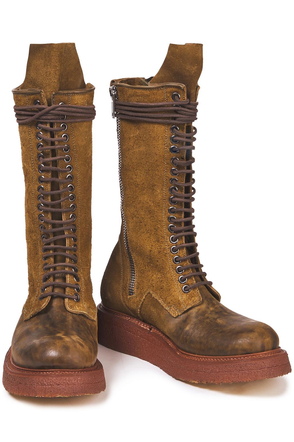 RICK OWENS Lace-up distressed leather and suede boots