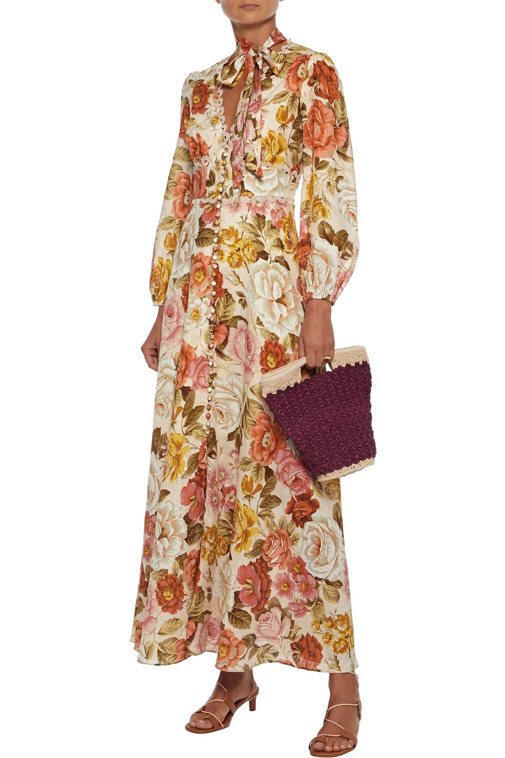 ZIMMERMANN Bonita pussy-bow floral-print linen maxi dress