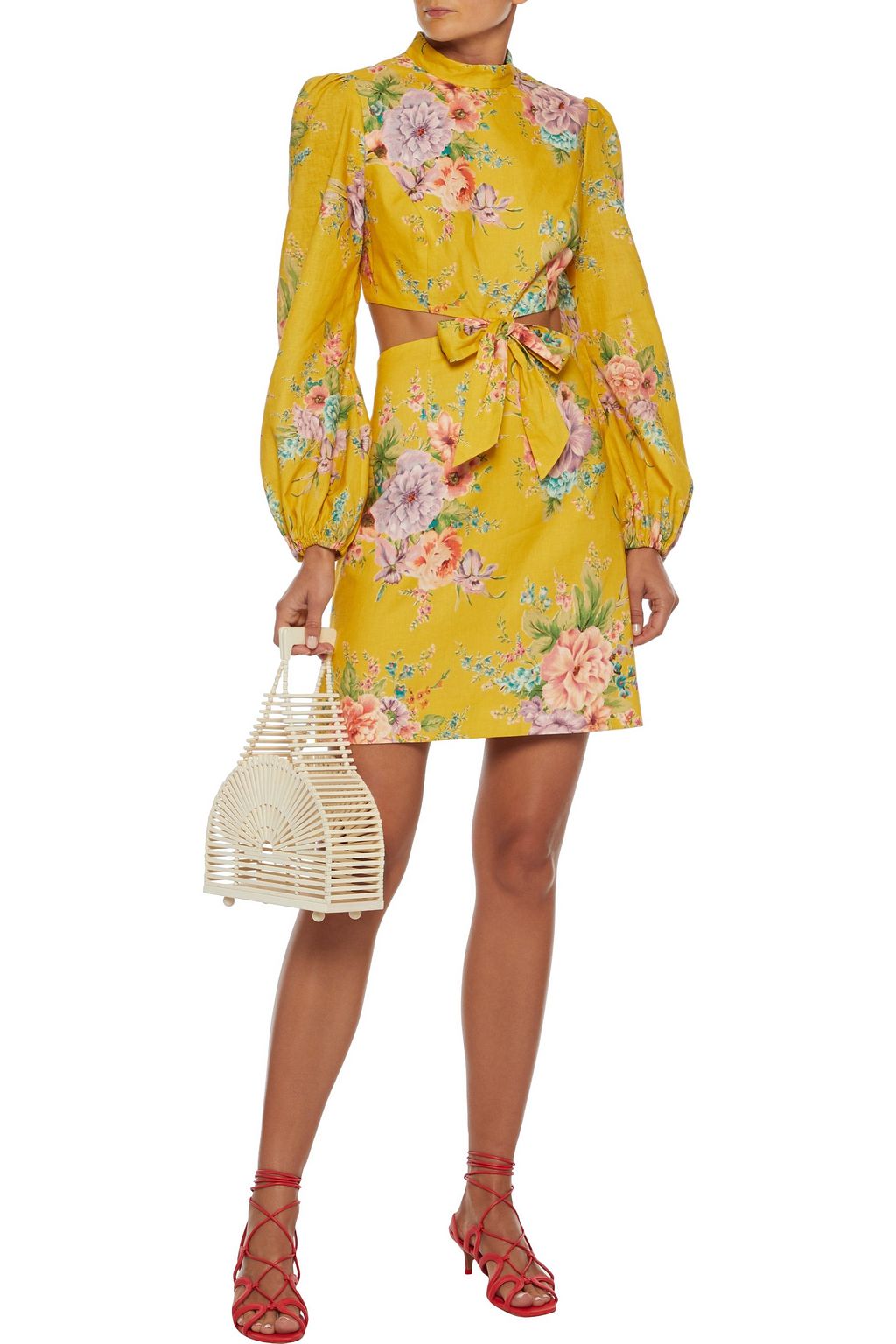 ZIMMERMANN Zinnia bow-embellished cutout floral-print linen and cotton-blend mini dress