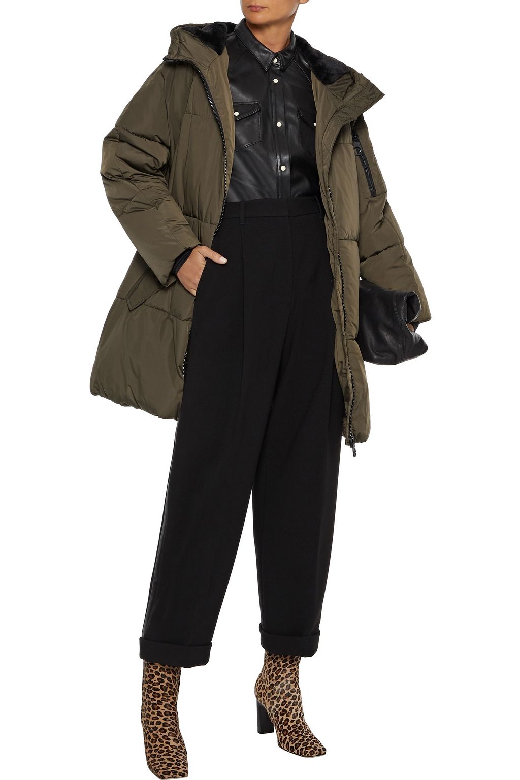 DKNY Faux fur-trimmed printed quilted shell parka