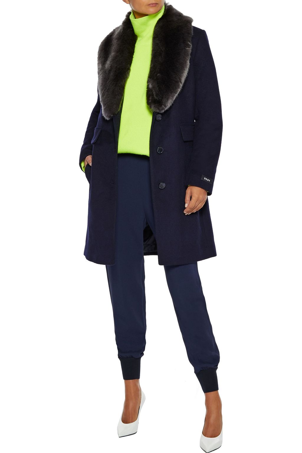 DKNY Faux fur-trimmed wool-blend felt coat