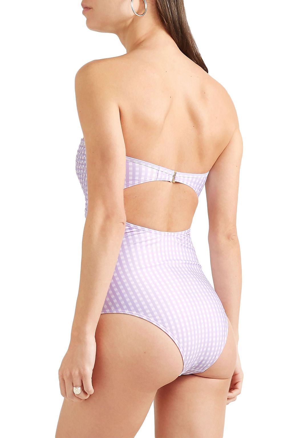 PEONY SWIMWEAR Cutout pintucked gingham bandeau swimsuit