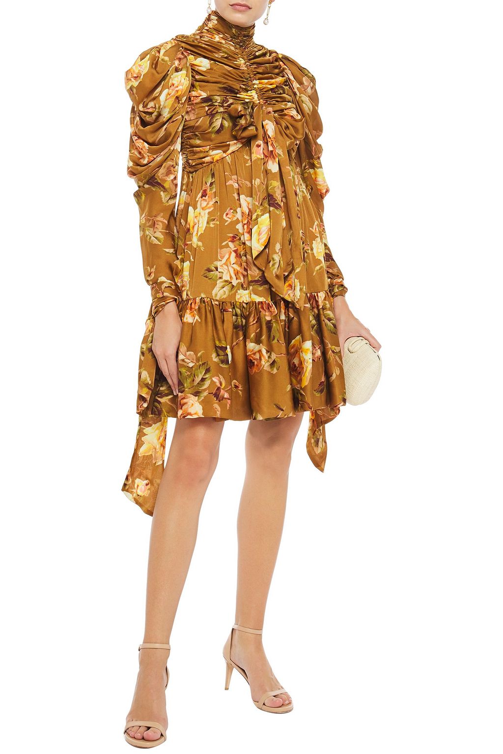 ZIMMERMANN Resistance bow-detailed ruched floral-print silk-satin mini dress