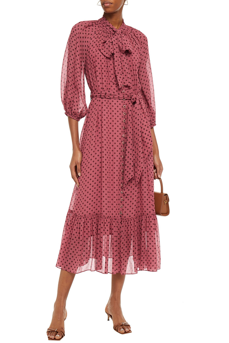 zimmermann pink polka dot dress Zimmermann Primrose Puff Sleeve Midi Dress Brown/Pink Polka Dot Linen Size  0