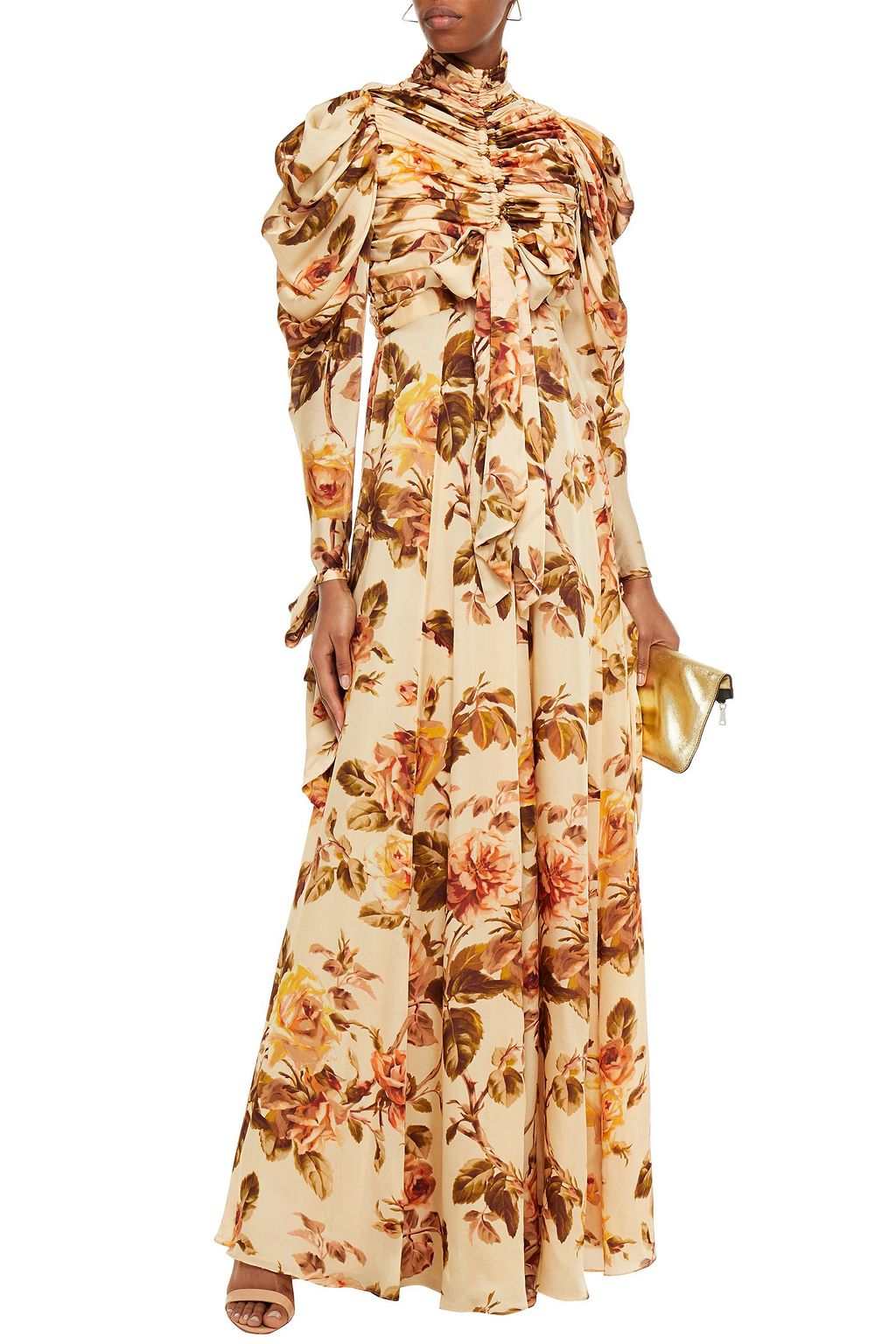 ZIMMERMANN Bow-embellished ruched floral-print silk-satin gown