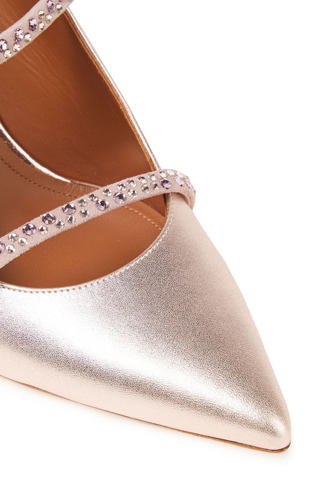 MALONE SOULIERS Maureen 70 crystal-embellished suede-trimmed metallic leather mules