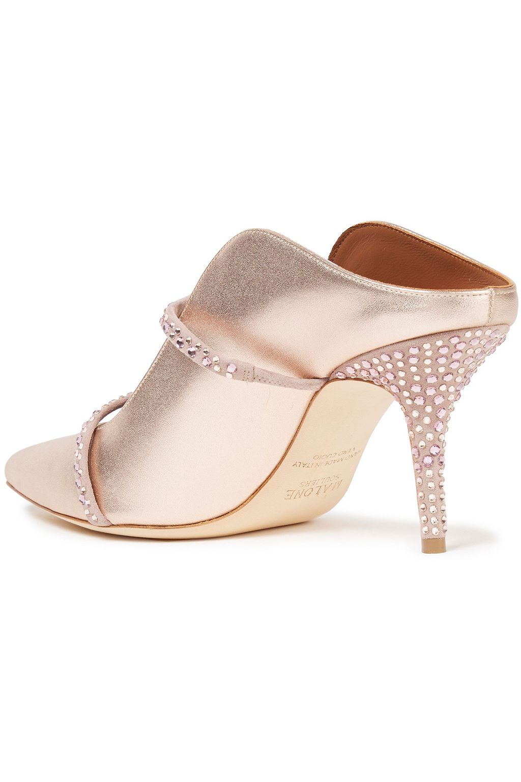 MALONE SOULIERS Maureen 70 crystal-embellished suede-trimmed metallic leather mules