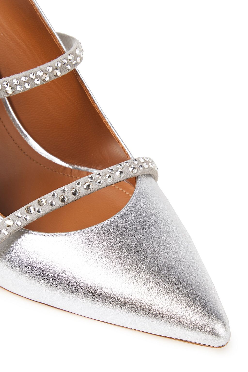 MALONE SOULIERS Maureen 70 crystal-embellished suede-trimmed metallic leather mules