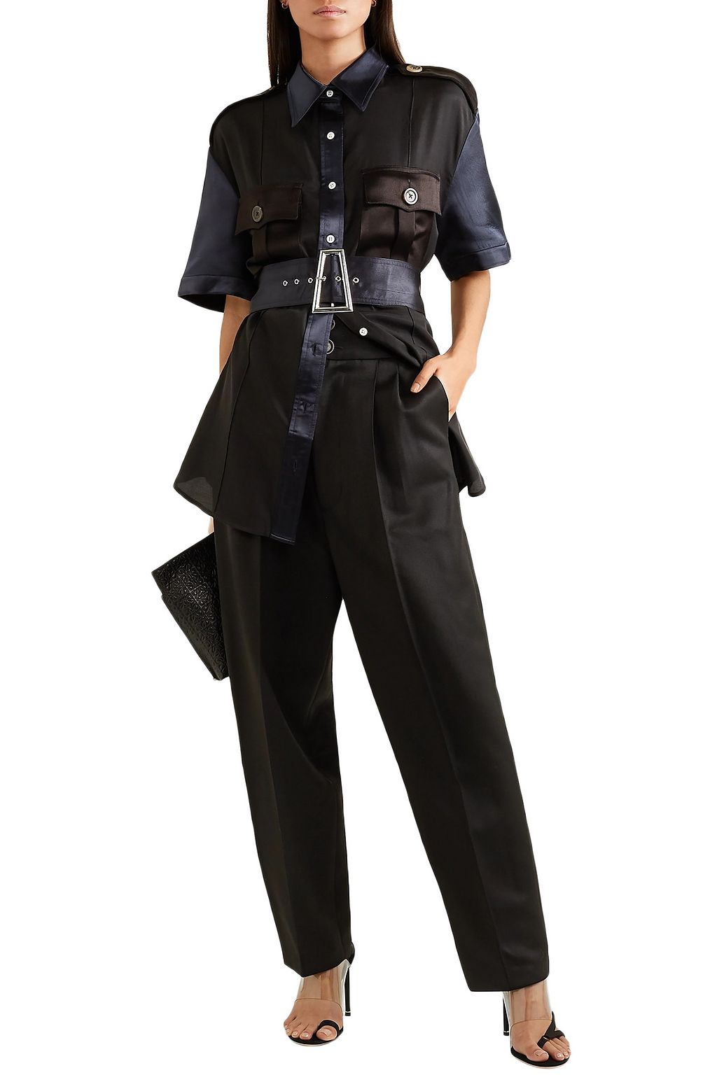 PETER DO College Safari belted paneled cotton-twill and satin shirt