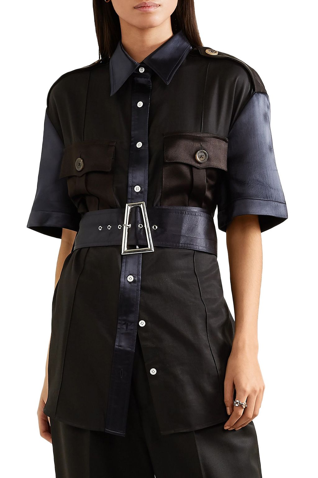 PETER DO College Safari belted paneled cotton-twill and satin shirt