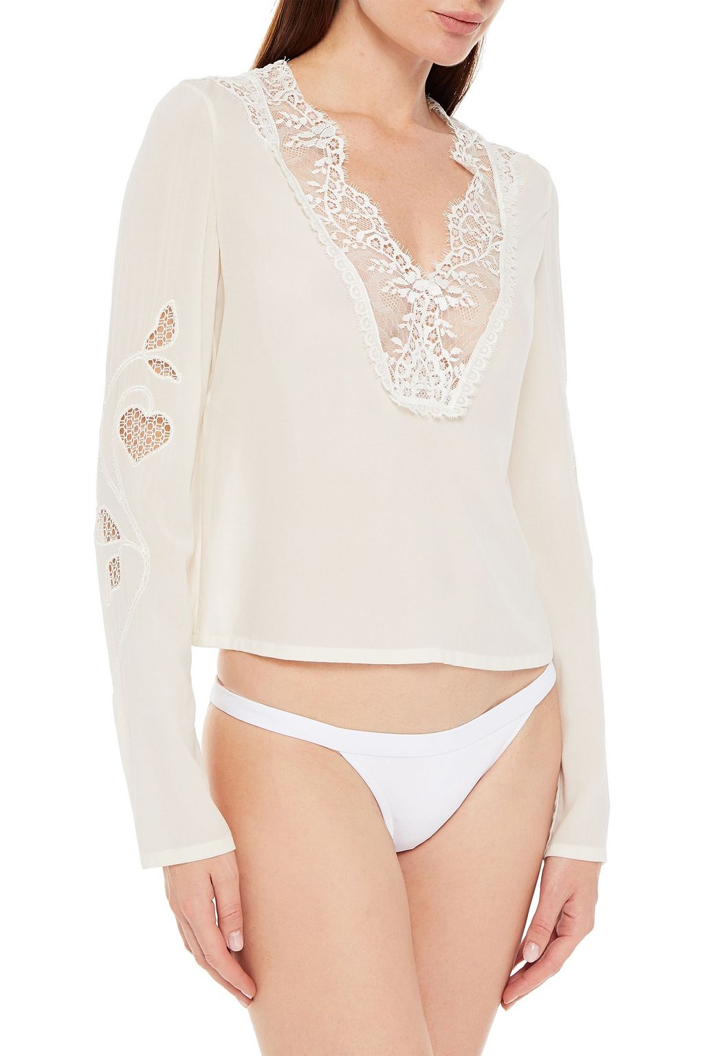 LA PERLA Lace-trimmed silk-blend georgette pajama top