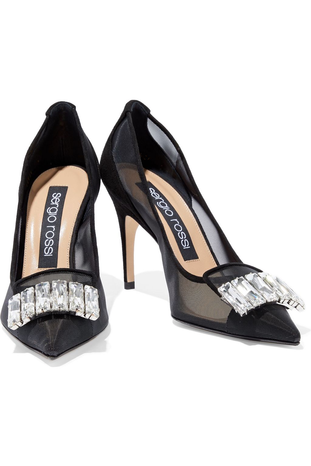 SERGIO ROSSI sr1 crystal-embellished mesh and suede pumps