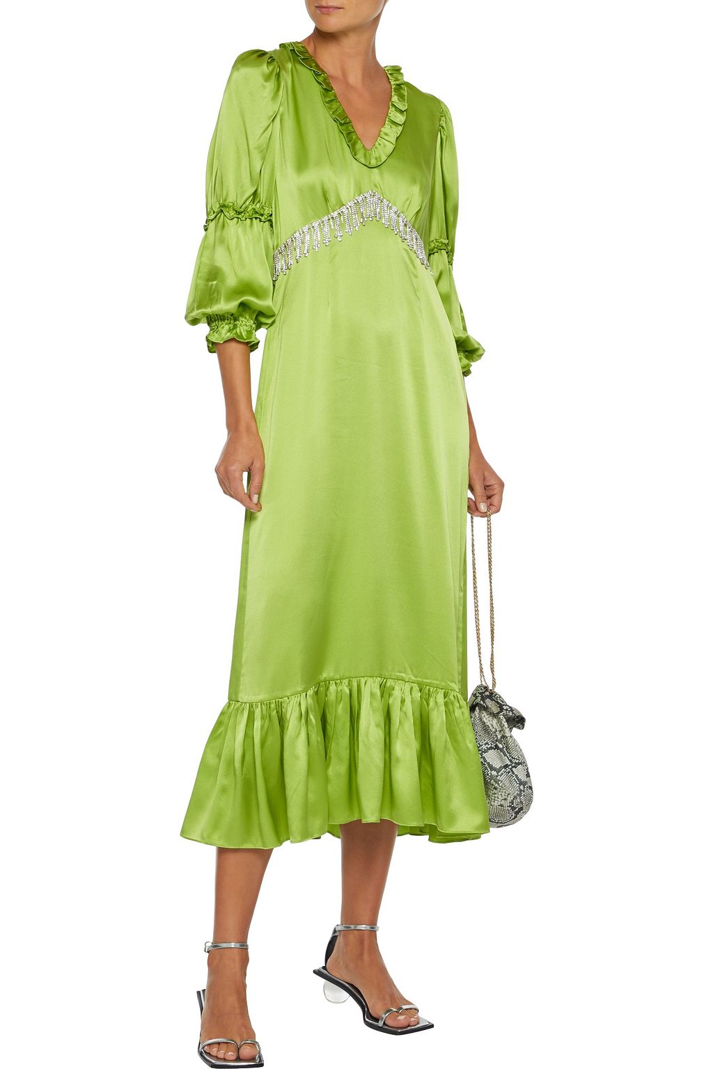 SHRIMPS Rosemary ruffle-trimmed floral-print lamé midi dress