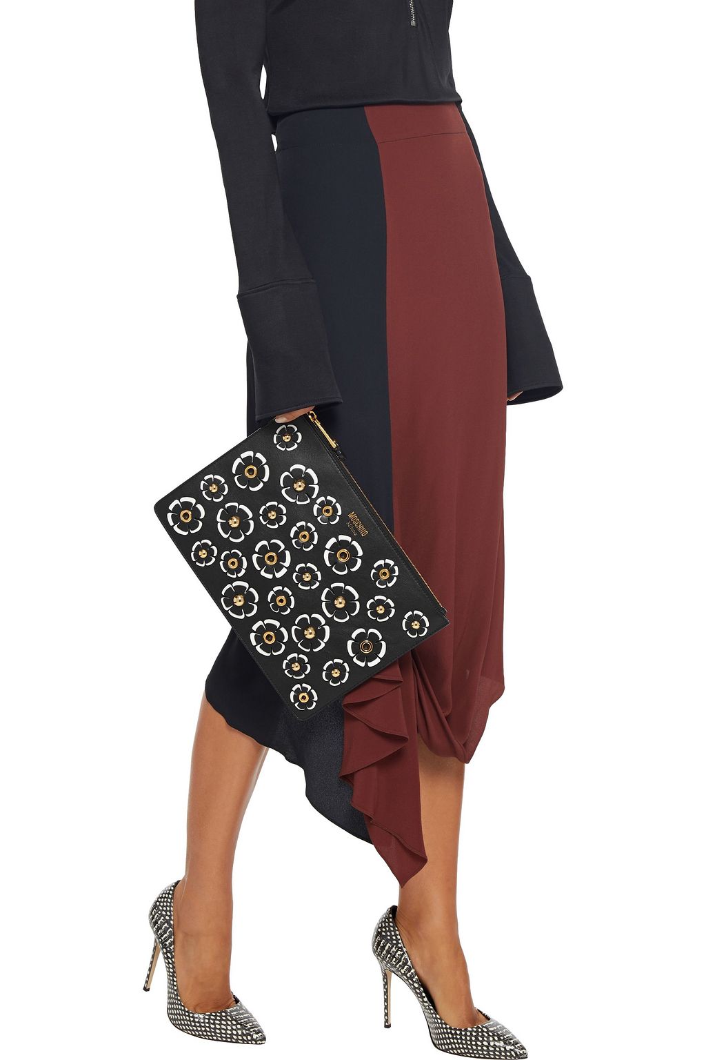 MOSCHINO Floral-appliquéd leather pouch