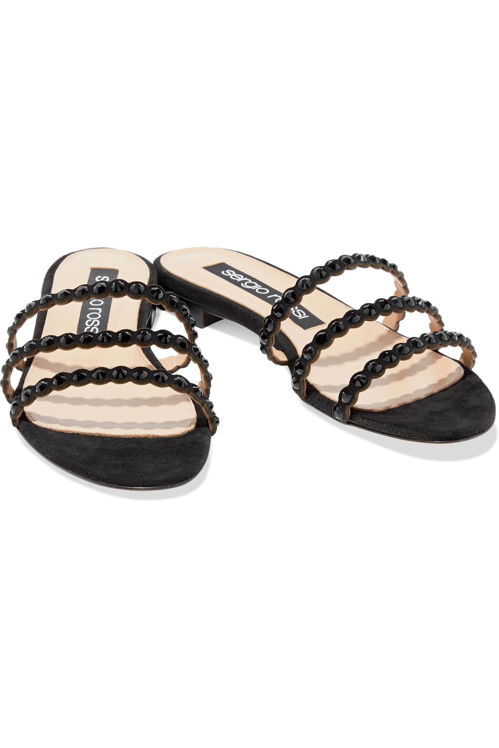 SERGIO ROSSI Crystal-embellished scalloped suede slides
