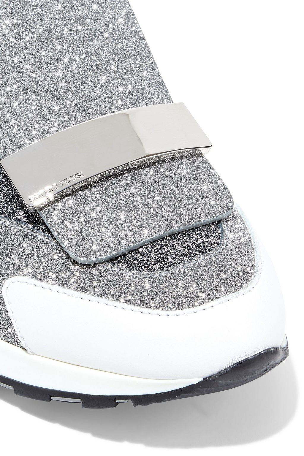 SERGIO ROSSI SR1 textured-lamé, glittered woven, iridescent neoprene and leather slip-on sneakers