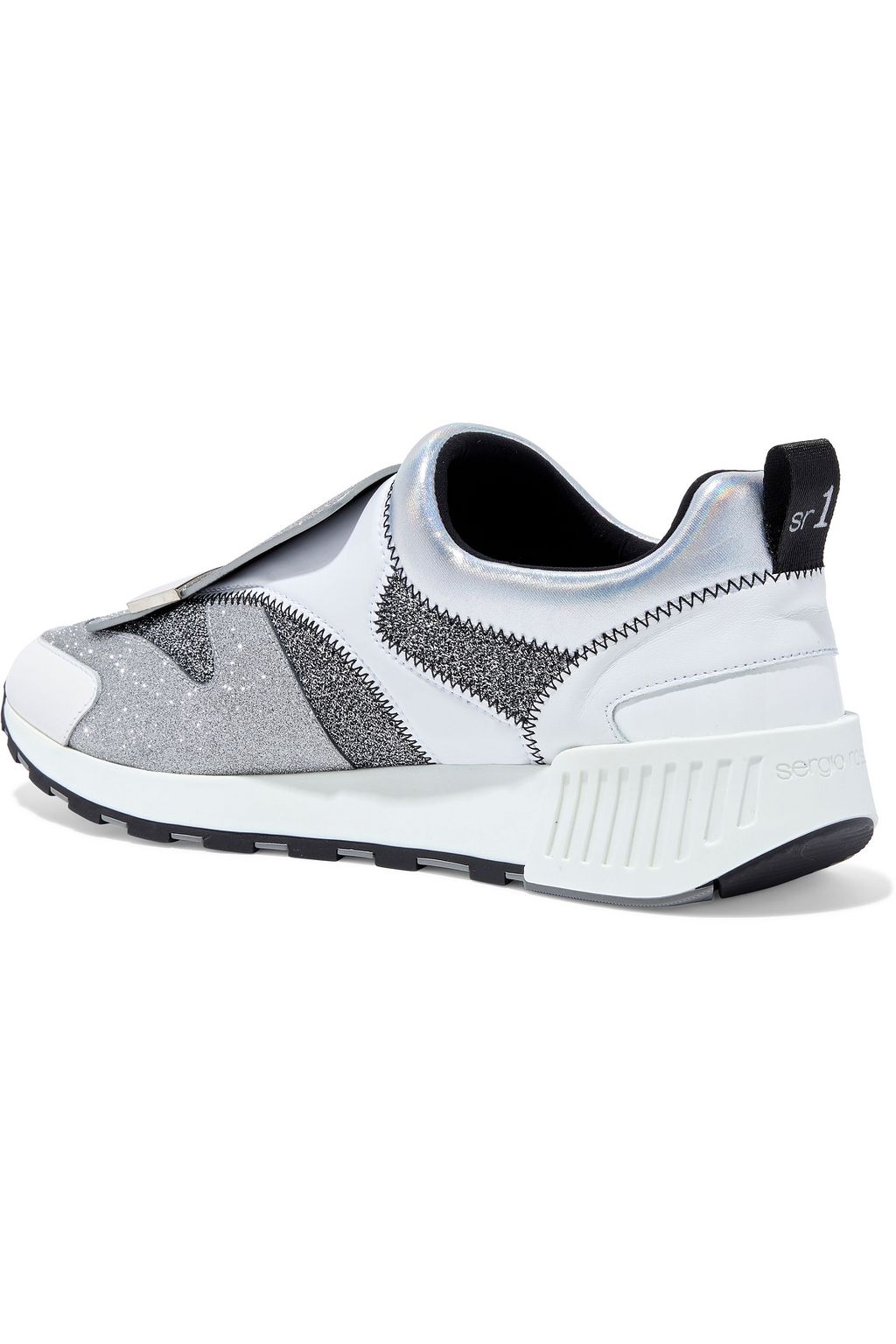 SERGIO ROSSI SR1 textured-lamé, glittered woven, iridescent neoprene and leather slip-on sneakers