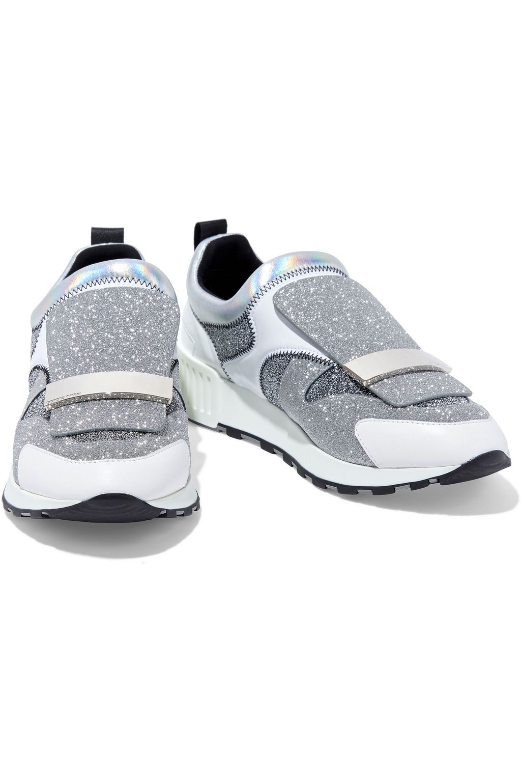 SERGIO ROSSI SR1 textured-lamé, glittered woven, iridescent neoprene and leather slip-on sneakers