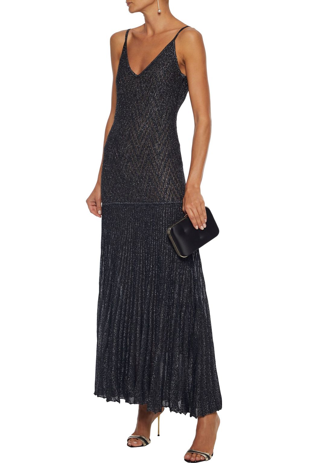 HERVÉ LÉGER Pleated metallic crochet-knit gown