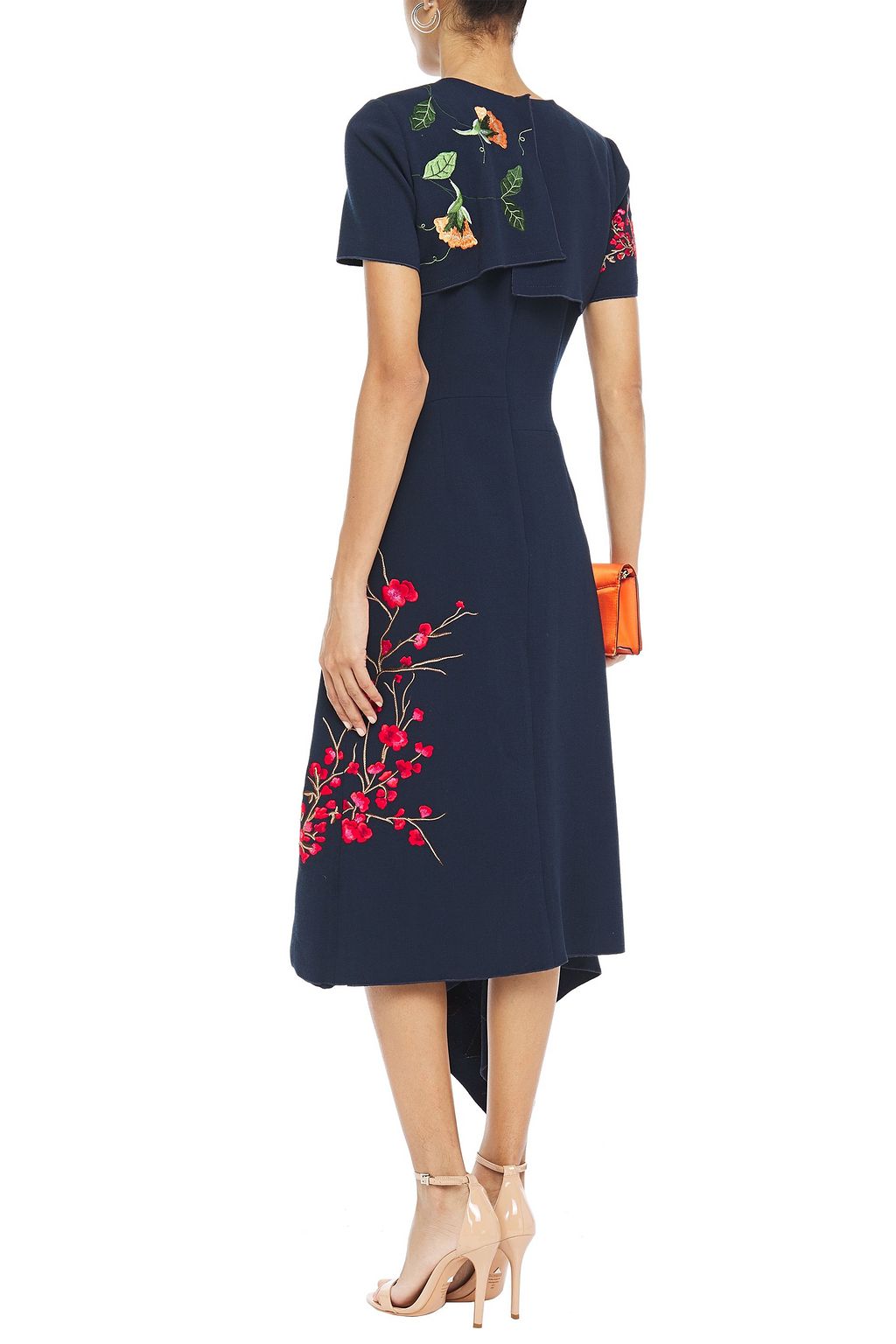 OSCAR DE LA RENTA Draped embroidered wool-blend crepe midi dress
