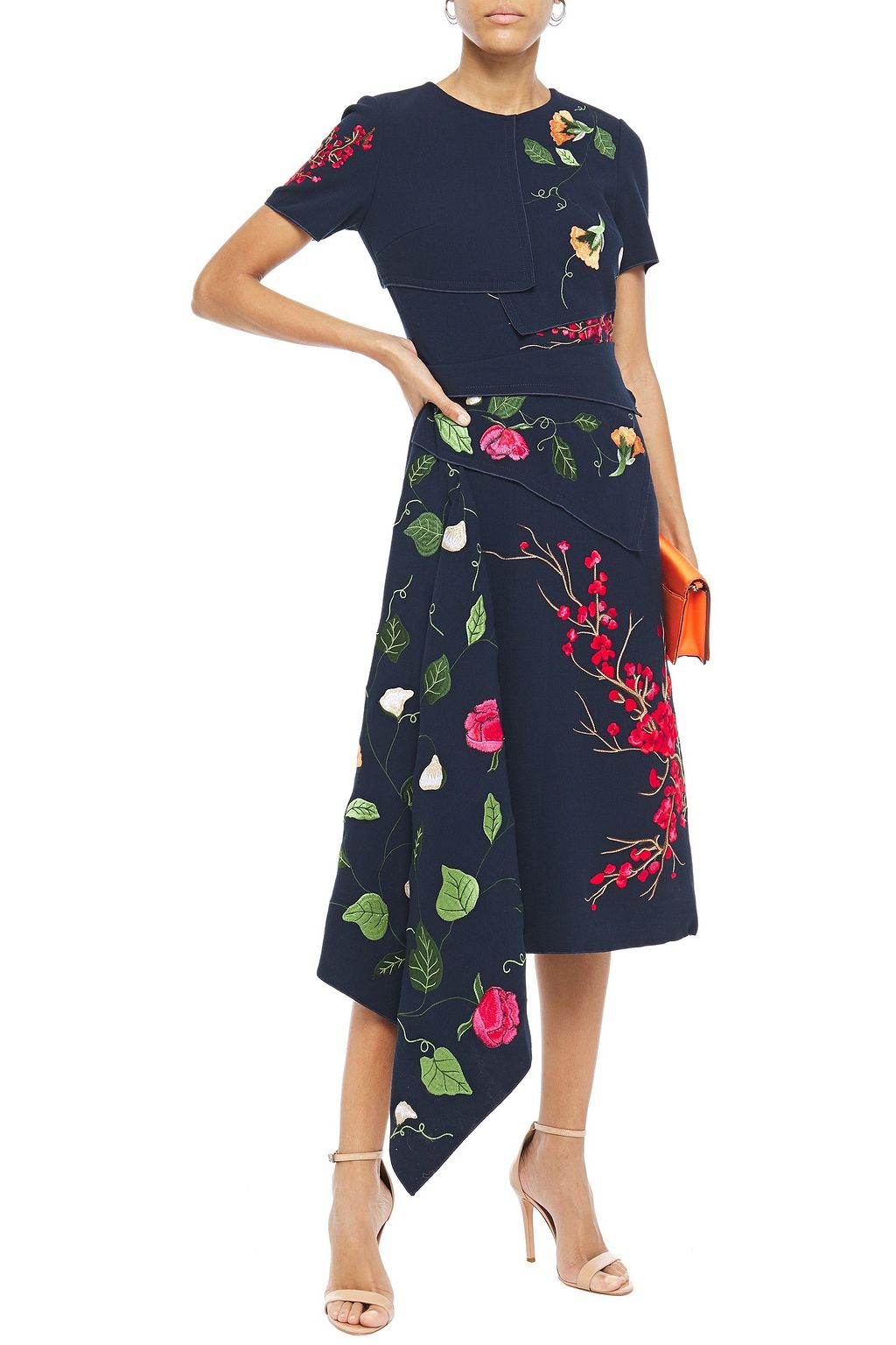 OSCAR DE LA RENTA Draped embroidered wool-blend crepe midi dress